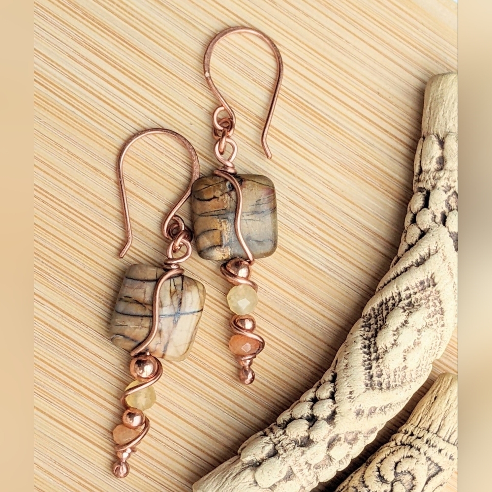 Desert Vibes Jasper Earrings Artisan Copper Wire Wrapped Design - Picture 10 of 12